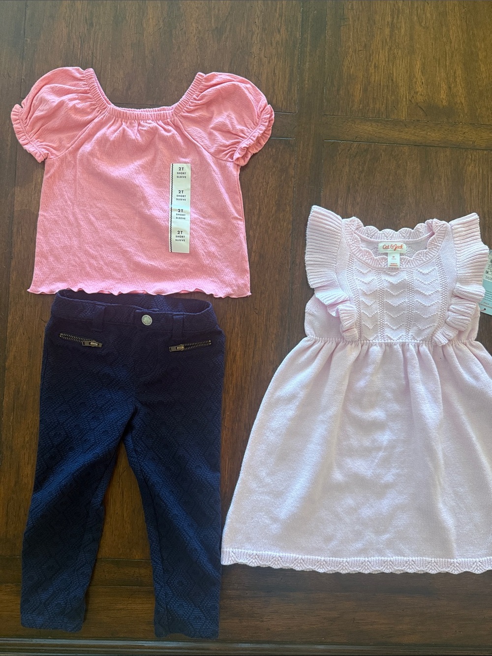 Toddler Pink Knit Dress & Pink Top with Navy Quilted Leggings Set, Size 2T